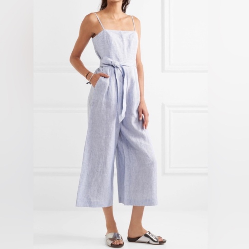J.Crew 100% Linen Blue Pinstripe Belted Wide Leg Jumpsuit Women's Size 14